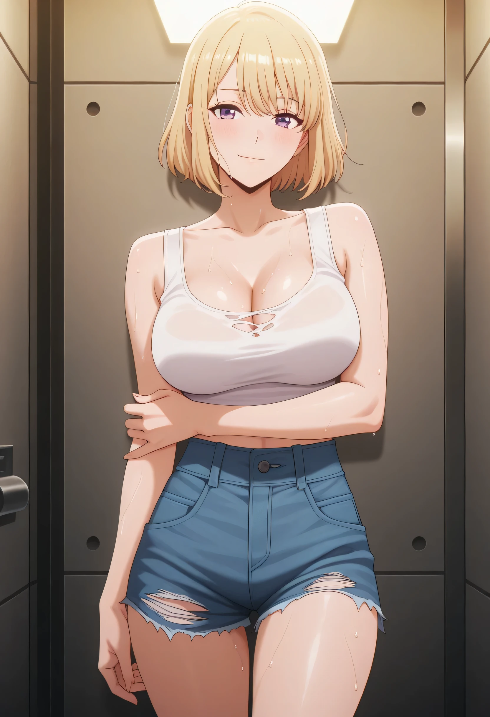 masterpiece, best quality, amazing quality, 1girl, solo, looking at viewer, blush , light smile,short hair, blonde hair, purple eyes, shizuku kousaka (na honjaman level up), Anime screencap,solo focus , large breasts, looking at viewer, CLEAVAGE, POSING, DYNAMIC POSE, LARGE BREASTS, SOLO, ALONE, A neon-lit city street at midnight, the air electric. A stunning woman wears a deep-cut black leather crop top, her skin glowing in the neon. High-waisted ripped denim shorts, her hair in messy waves over her shoulder. An old silver lighter in her hand. A foggy streetlamp and graffiti-covered wall in the background. Ultra-realistic, intense erotic atmosphere, cool and seductive, 8K detail, sweaty