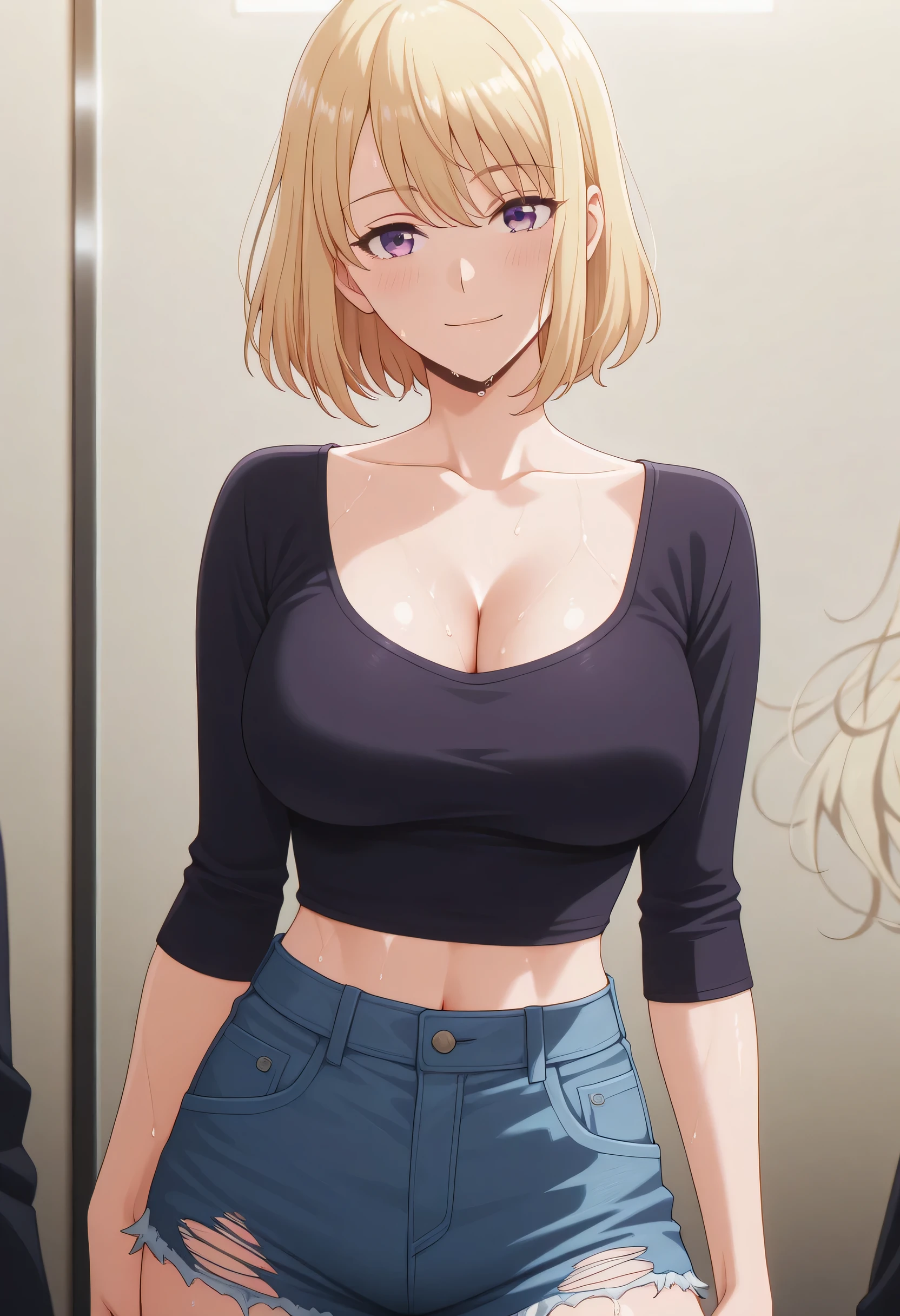 masterpiece, best quality, amazing quality, 1girl, solo, looking at viewer, blush , light smile,short hair, blonde hair, purple eyes, shizuku kousaka (na honjaman level up), Anime screencap,solo focus , large breasts, looking at viewer, CLEAVAGE, POSING, DYNAMIC POSE, LARGE BREASTS, SOLO, ALONE, A neon-lit city street at midnight, the air electric. A stunning woman wears a deep-cut black leather crop top, her skin glowing in the neon. High-waisted ripped denim shorts, her hair in messy waves over her shoulder. An old silver lighter in her hand. A foggy streetlamp and graffiti-covered wall in the background. Ultra-realistic, intense erotic atmosphere, cool and seductive, 8K detail, sweaty