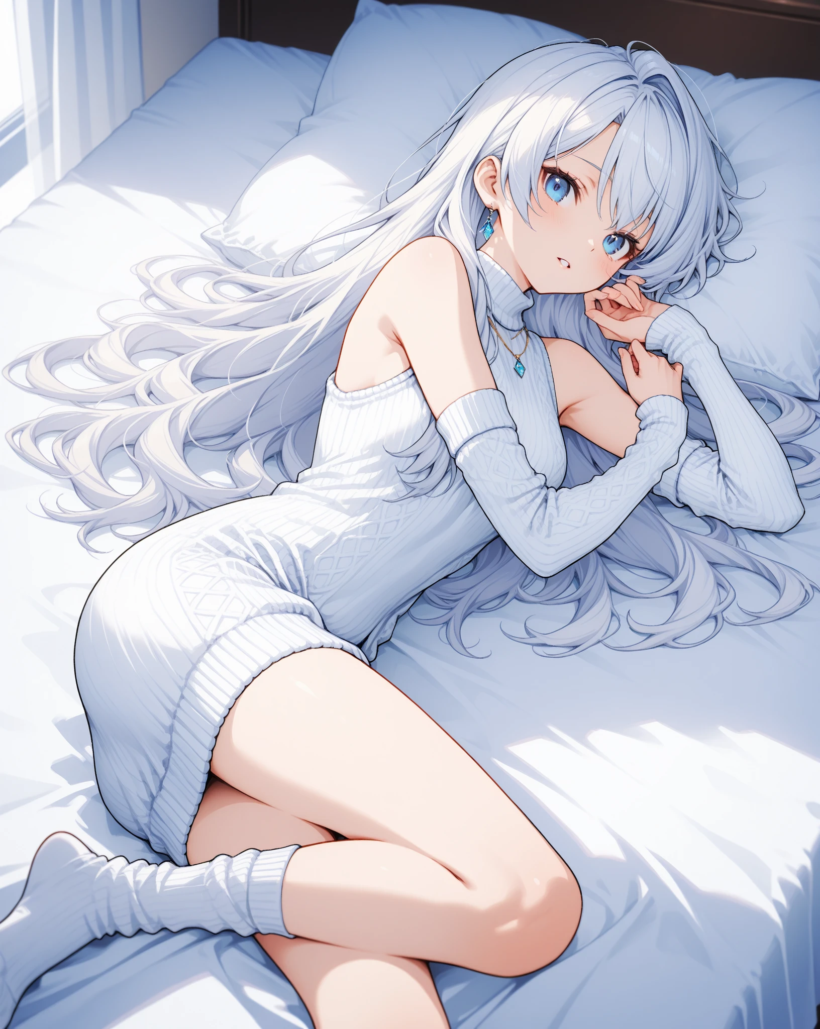 white hair,Top image quality,s girl,masterpiece,de pele branca,Semi-long hair,,hime-cut,small tits,tits out,Glowing face,lyin in bed,waking up,large t-shirts,,,