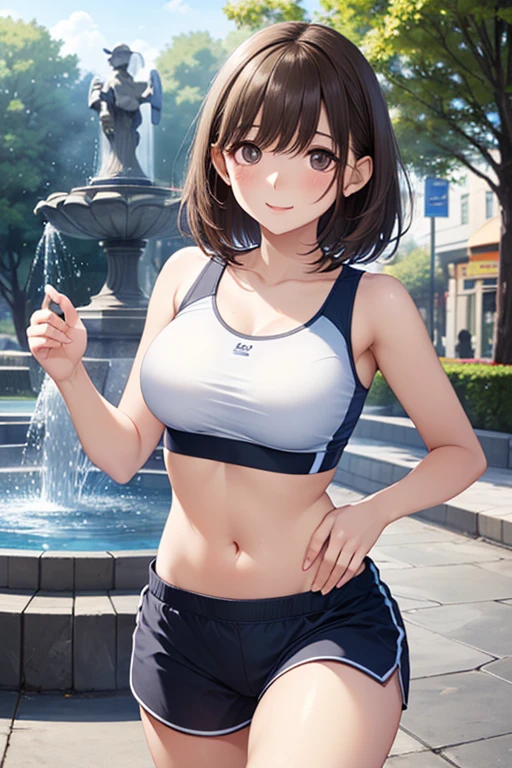 masterpiece, best quality, highres, 1girl, solo, bangs, light makeup, glossy lips, highly detailed, illustration, aichan, short brown hair, side braid, blue eyes, (large breasts), looking at viewer, sports bra, leggings, sitting, bottle, outside