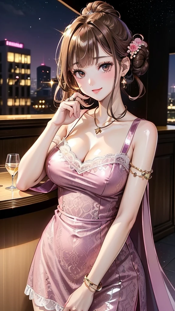 (masterpiece:1.2, Highest quality), (Realistic, photoRealistic:1.4), Beautiful illustrations, (Natural Side Lighting, Cinema Lighting),
View your viewers, Cowboy Shot, Front view:0.6, 1 Girl, Japanese, high school girl, Perfect Face, Cute and symmetrical face, Shiny skin,
(Long Hair:1.8, Drill Hair:1.7, Dark brown hair), Hair between the eyes, Emerald green eyes, Long eyelashes, (Large Breasts:0.9, Thick thighs),
Beautiful Hair, Beautiful Face, Beautiful attention to detail, Beautiful clavicle, Beautiful body, Beautiful breasts, Beautiful thighs, Beautiful feet, Beautiful fingers,
((Light purple sleeveless collared shirt, Cleavage, Black tight mini skirt, High heels)), Pink Panties,
(Beautiful views), evening, Riverside, walking, Place your hand on your chest, (Cute smile, Upward glance),