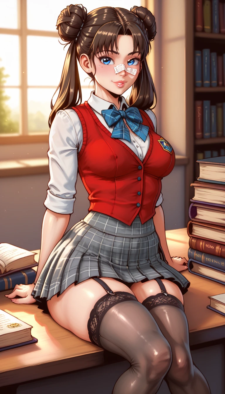 (masterpiece, best quality, Super detailed, absurd:1.5), 1 Girl, (Sexy, Beautiful woman, Perfect face, Perfect eyes, Perfect female body, Large Breasts:1.5)(((Cleavage)))8k, (clothing_Bible Black_Uniforms_My grandmother, Long hair, Black vest, Red Skirt, White shirt, Collared shirt, Suspenders, , Black over-the-knee stockings, Absolutely great opportunity, tie, Long sleeve, Pleated Skirt, red tie, Loafers, ), (permanent, indoors, Japanese classroom), Perfect lighting, Smooth, HDR
