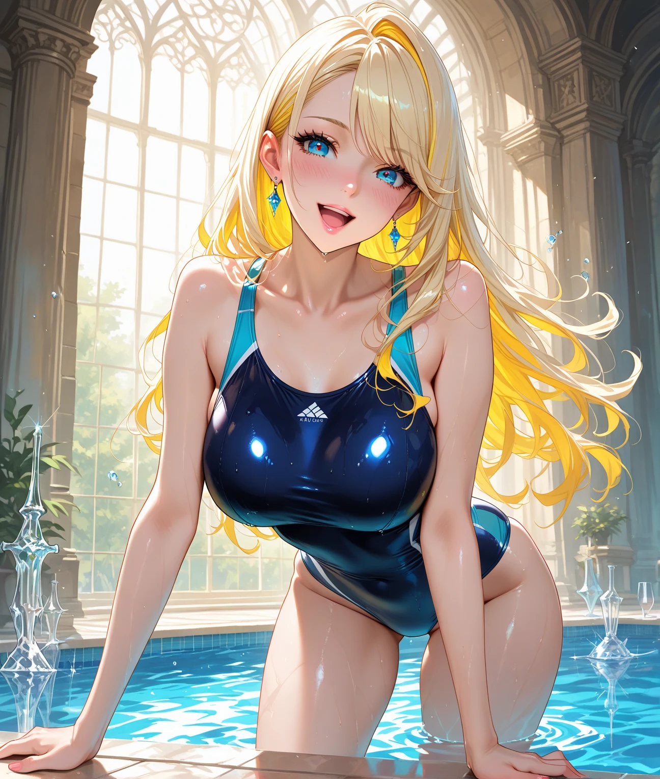 ((masterpiece, best quality, high resolution, UHD, pixel perfect, depth of field, 8k, RTX, HDR))cowboy shot, BREAK, 1 girl, girk styke anime, Glossy skin, sharp, Beauty of perfect body, realistic shadow perfect body, (metallic blue School swimsuits, Navy, transparent :1.2), medium breasts, long hair, blonde hair, well defined eyes, high definition eyes, eyelashes and black shadow under the eyes, blushing, high gloss eyes, shiny skin, sharp, Perfect Body Beauty, round ass, BREAK, looking at the viewer, (dynamic pose:1.1), ((body wet and dripping water)), stand up in pool, posture, legs, in a school pool.