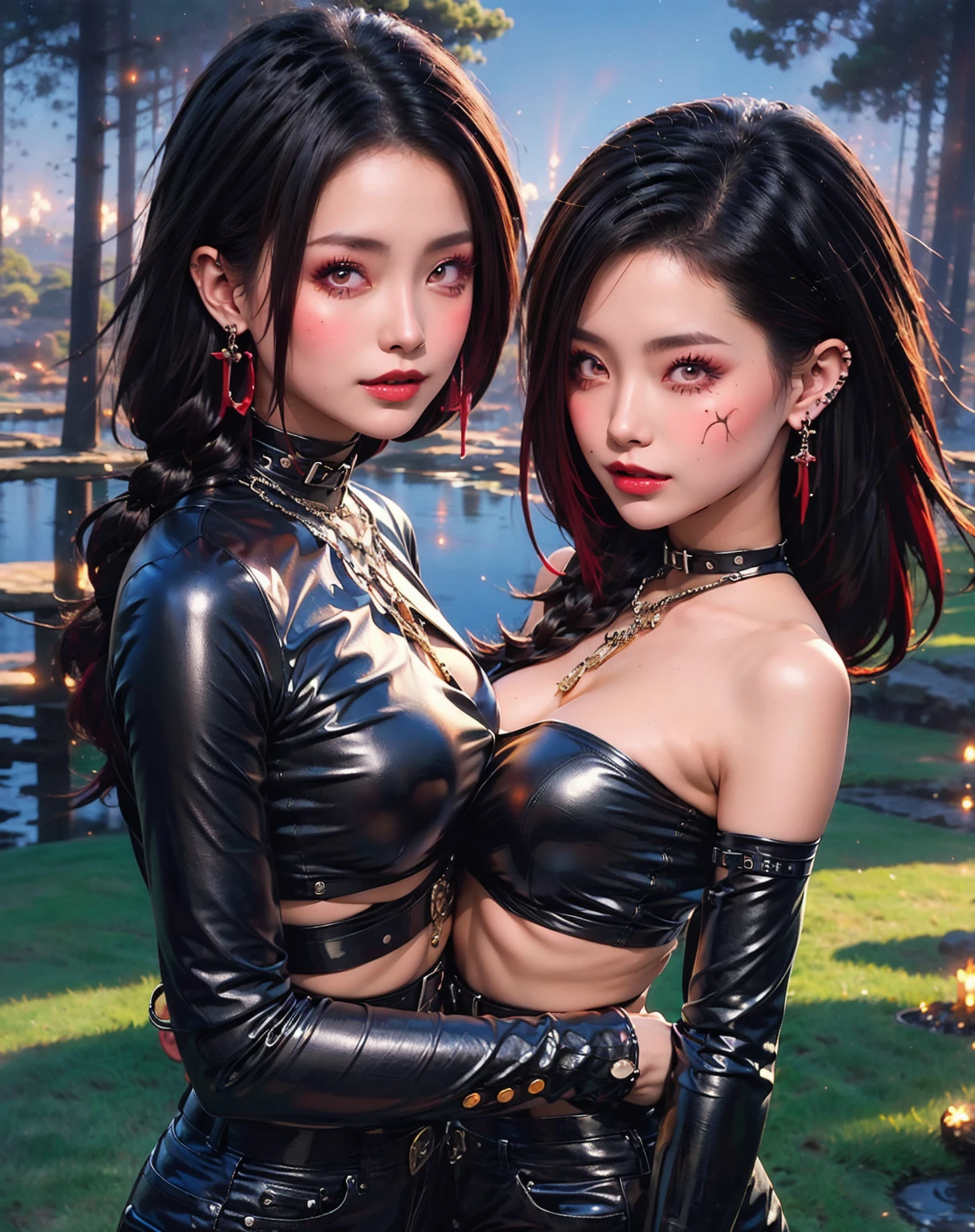 Two girls, kissing, movie scene, romance, realistic Alice in Wonderland, Lisa from BLACKPINK as Alice, dark fantasy, Final Fantasy, Tokyo Ghoul, large breasts, one girl, tattoos and piercings, goth girl Lolita, focus on chest, perfect view, tea party with Cardi B as the female Mad Hatter from Alice in Wonderland, detailed, high definition, high resolution, sfw, exposed breasts, busty, six pack abs, fit, toned body, slim waist Alice, huge feast on table, outdoor tea party, masterpiece, two girls kissing, girls love, lips together, breasts pressed together, close-up, ultra detailed
