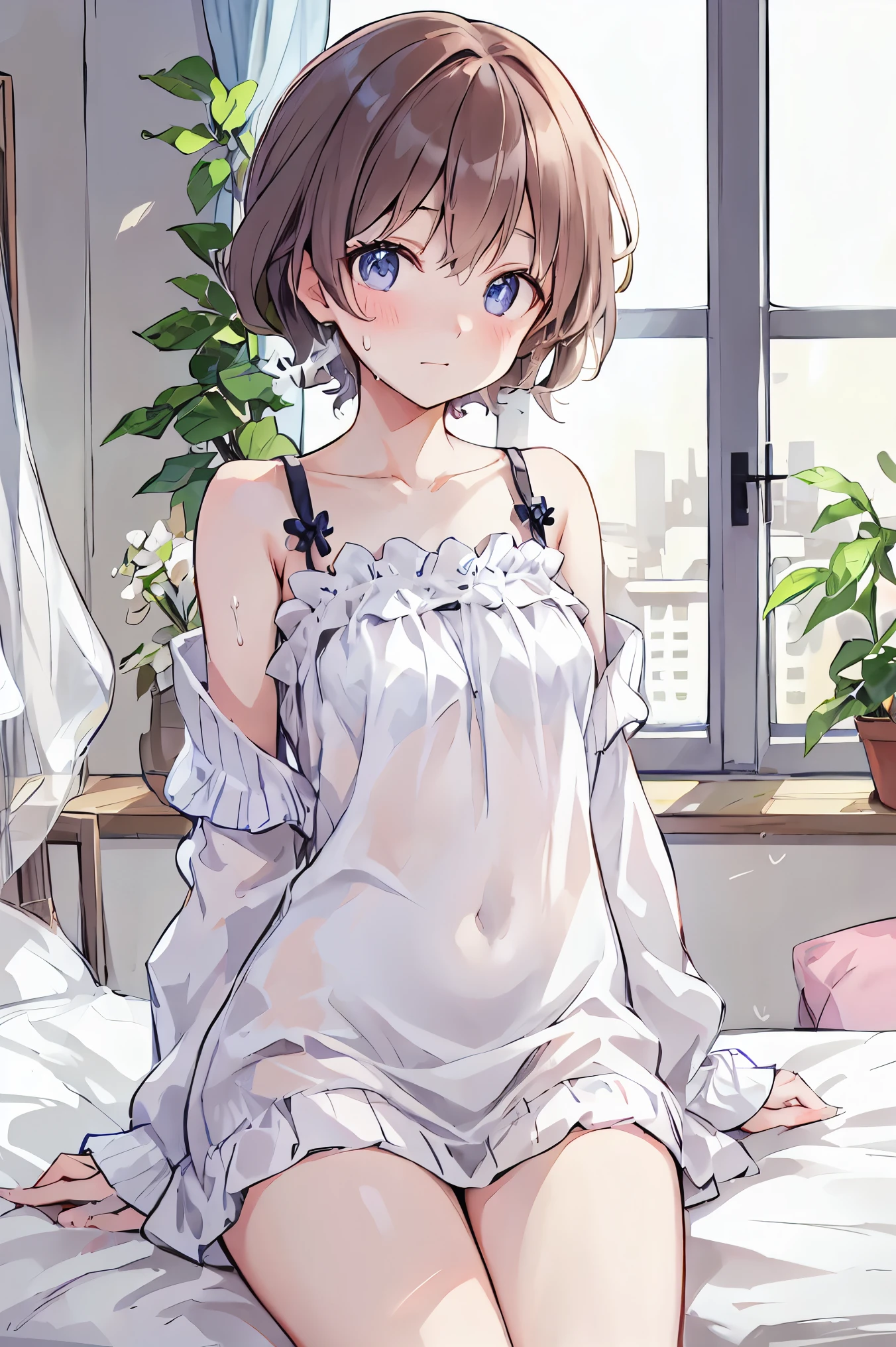 ( table top in bed)( high resolution )couple in their 20's, female1名、female向けロマンス、 Sparkling atmosphere 、Glossy appearance、 devours each other however they like、interview、 sweaty、maleがfemaleの胸や体を触る、femaleがmaleにキスをする、make、female( medium brown hair 、 A little large 、 nightgown 、近いeye)、Sweet Sigh、male( black hair shorts、Half-removed shirt、 feet 、Strong and intimate ~ eye)、background(room、 bed、Turn off the lights、I closed the curtains....)、The night deepens、dim、 brown hair, shortcuts, disheveled hair , short braided hair, Neat , slender beautiful female, correct posture,small breasts, 美しいfeet,魅惑的なグレーブルーのeyeは星のように輝いている,垂れeye, Vivid Colors ,美しいeye,A delicate smile,textured skin, BEST QUALITY BEST ,優しくて美しいfemale, anime style、