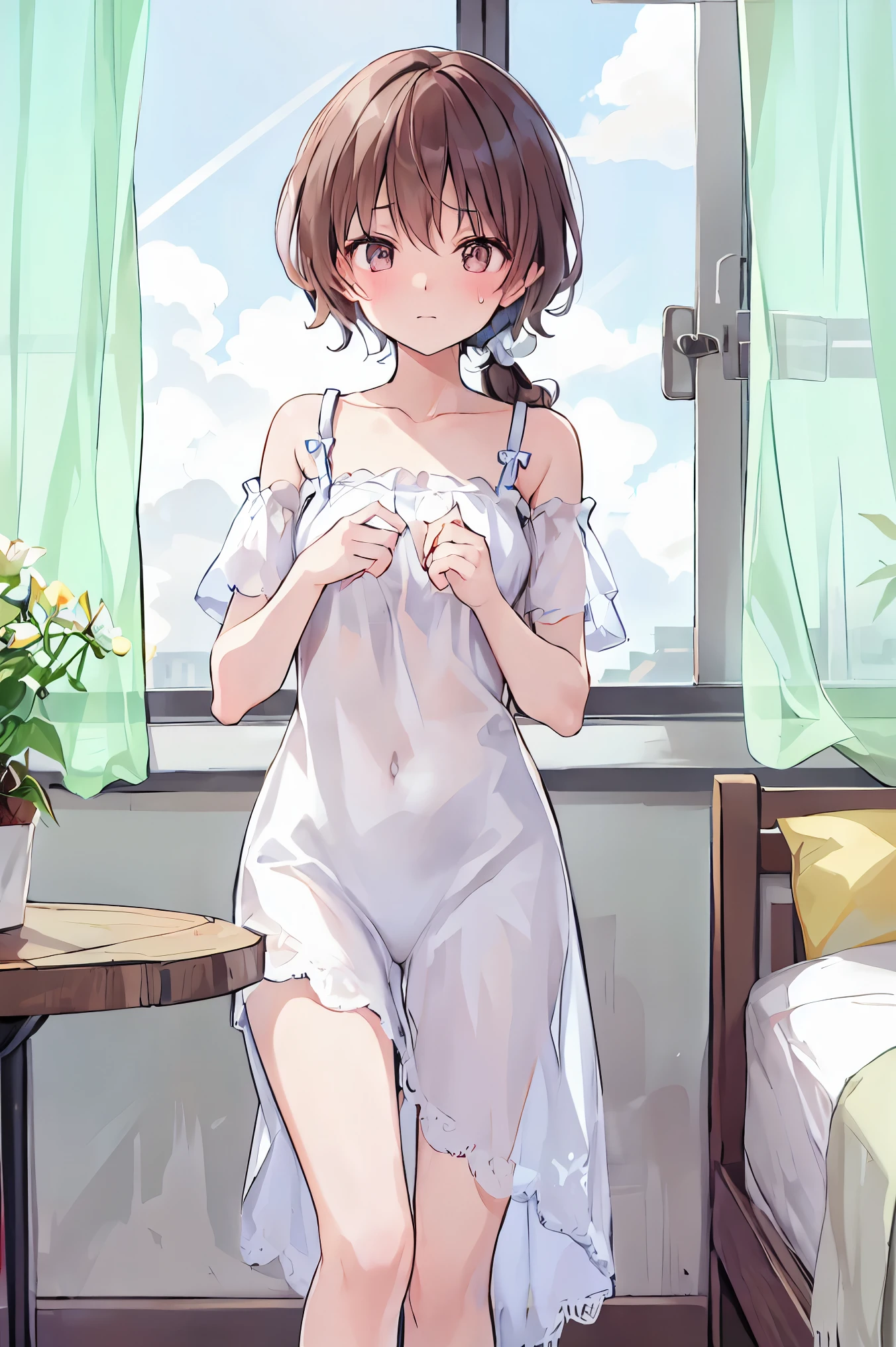 ( table top in bed)( high resolution )couple in their 20's, female1名、female向けロマンス、 Sparkling atmosphere 、Glossy appearance、 devours each other however they like、interview、 sweaty、maleがfemaleの胸や体を触る、femaleがmaleにキスをする、make、female( medium brown hair 、 A little large 、 nightgown 、近いeye)、Sweet Sigh、male( black hair shorts、Half-removed shirt、 feet 、Strong and intimate ~ eye)、background(room、 bed、Turn off the lights、I closed the curtains....)、The night deepens、dim、 brown hair, shortcuts, disheveled hair , short braided hair, Neat , slender beautiful female, correct posture,small breasts, 美しいfeet,魅惑的なグレーブルーのeyeは星のように輝いている,垂れeye, Vivid Colors ,美しいeye,A delicate smile,textured skin, BEST QUALITY BEST ,優しくて美しいfemale, anime style、