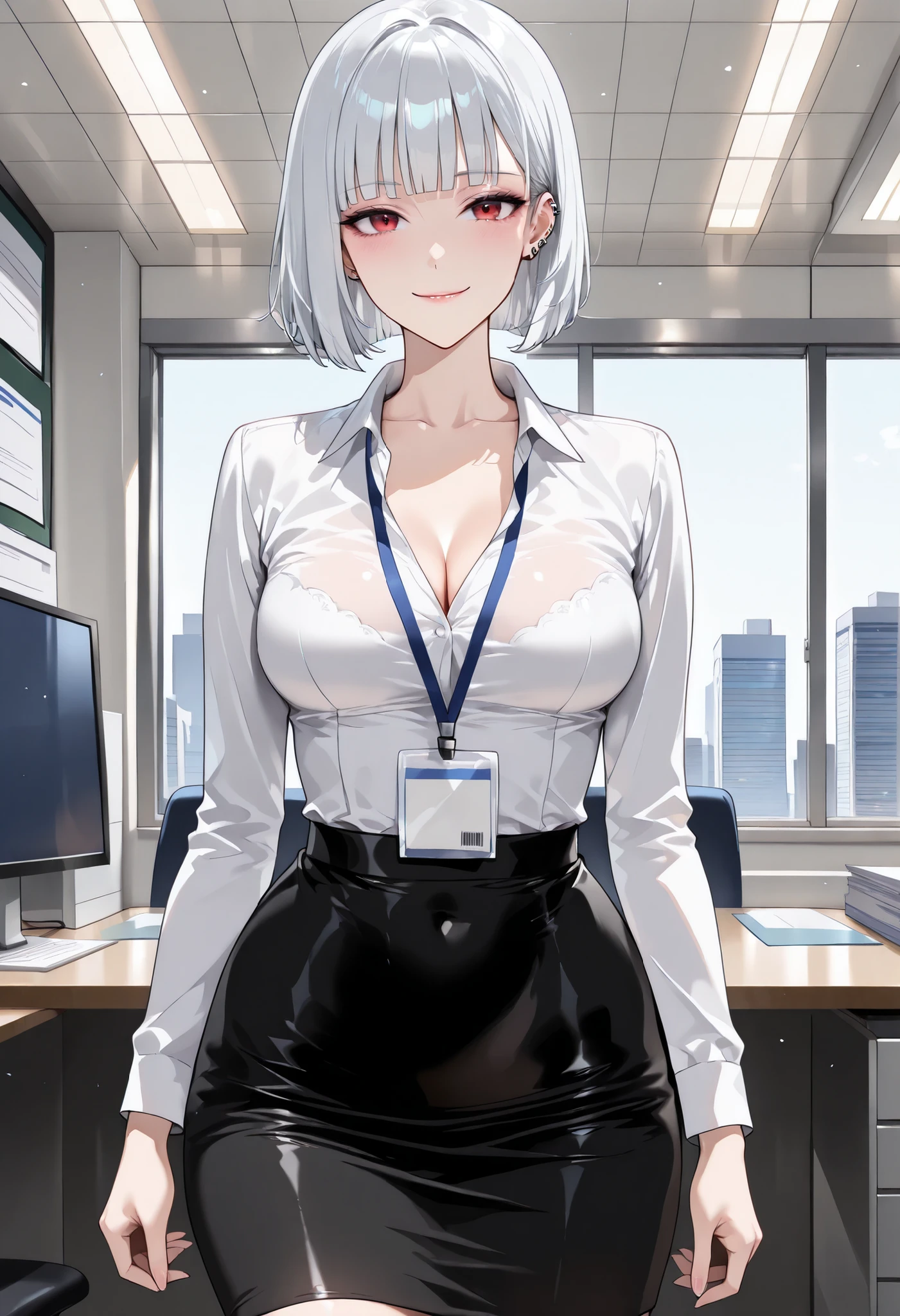 high res image, Beautiful girl with slim body, (masterpiece, detailed:1.2), (1girl:1.5), goth girl, (white hair, bob cut, blunt bangs), (earrings, ear piercings), (dynamic poses), looking at viewer, (enjoyed, light smile), (red eyes, detailed eyes), Beautiful eyes, (medium breast:1.2), (thick hips), (slim body), (beautiful detailed face, beautiful detailed eyes), ((white office shirt, black office skirt, lanyard)), cleavage, (office room), ((cowboy shot:1.3)), seductive, lustrous skin, lustful skin, erotic skin
