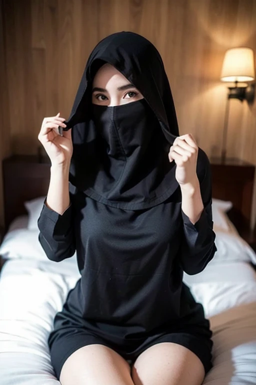 A beautiful Asian girl wearing a black hijab is being milked using a cow's milking tool and the tool sticks and continues to suck her breasts until it spills out, full image