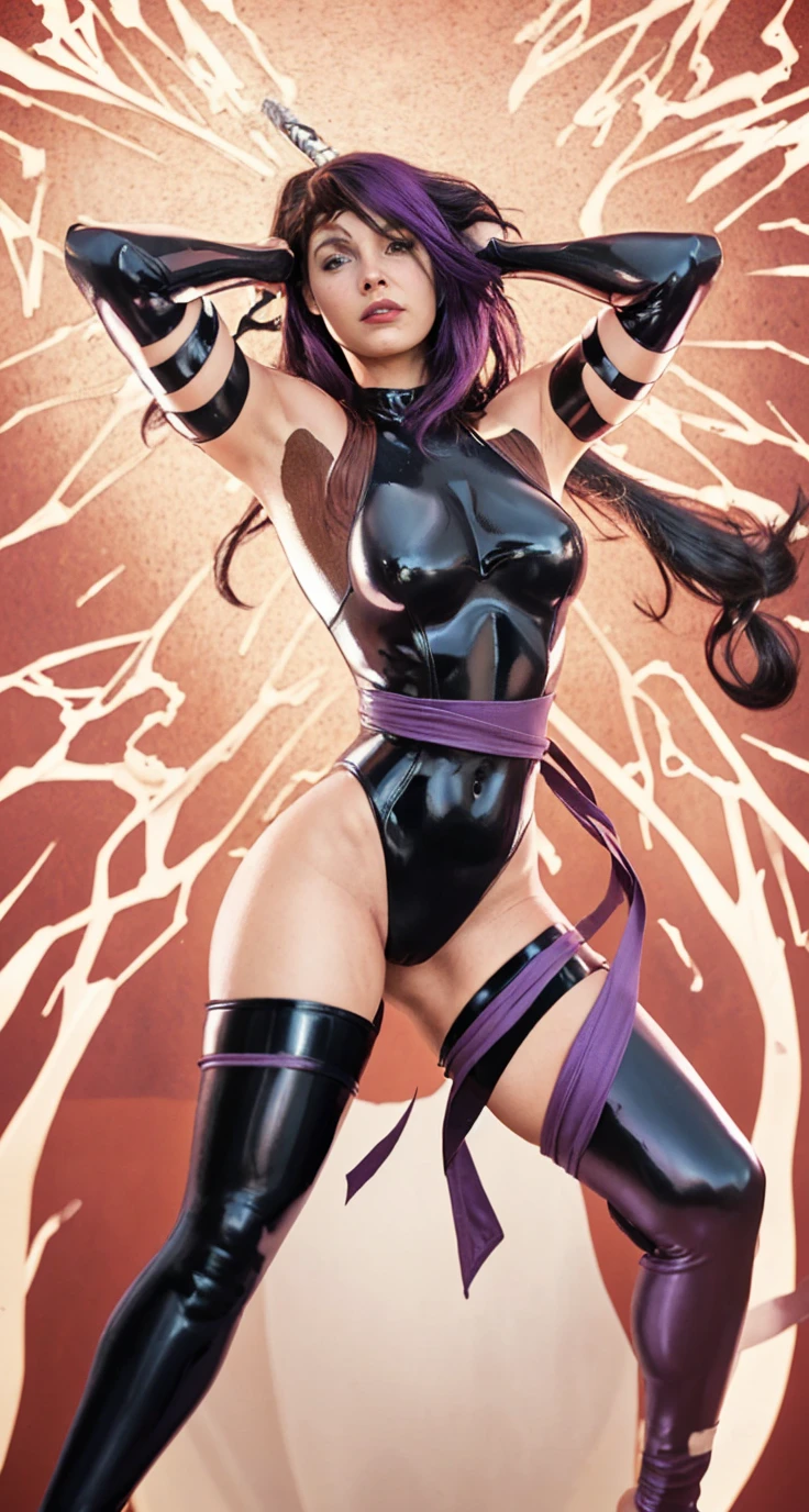 (Muscular:2.4), (thick thighs:2.4), (latina woman, green eyes, brown skin, jet black hair:1.5), adult, (long hair:1.6), glasses, (earrings, eyeshadow, lipstick), (upper body view, three quarter view:1.5), (striations), (flat chest), (choker, skintight purple bodysuit:2), (small cape:1.5), (sculped muscles:1.6), detailed eyes, (athletic body:1.5), (muscular body:2), (looking at viewer), (big smile:1.2), rim lighting from the front, two tone lighting, (dimly lit), clean skin, low key (DETAILED SKIN)