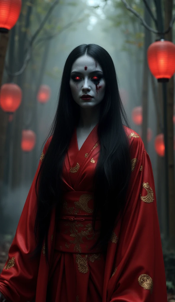 Japanese steampunk city、There are many monsters behind、full body shot shot、Horror-themed movie photos,、Calm, A female yokai with long hair wearing a pure white wedding kimono,(Head size 1:4) (full - length portrait:1.3), (Detailed evil face of a woman:1.4), I'm wearing a kimono, Shallow depth of field, vignette, very detailled, high budget, bokeh, cinemascope, sulky, marvelous, mascara Legal, film grain, Granular, preoccupied, strict, very detailled
