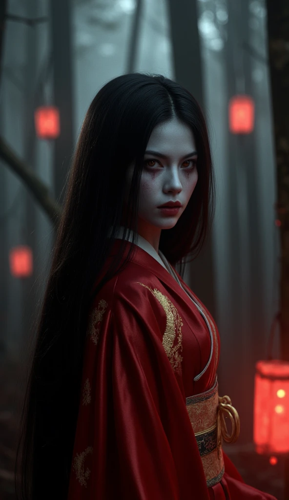 I want a BROWN woman with eyes covered in a demonic red aura, I want her to have a serious expression and extremely dark and firm eyes, and an extremely strong red demonic aura that surrounds his entire being, this woman has two horns that are embedded in red flames and will have long black hair, and wore a black kimono with blood red butterflies, appear to be at least 24 years old. captured in an ultra-realistic full HD 4K portrait, detailed texture showing its menacing shape, Immersive atmosphere, high definition shadow play, digitalpainting, nevoa no environment. I want a different monster from each other and make the image darker, obscure, creating a dark and dimly lit horror atmosphere!
