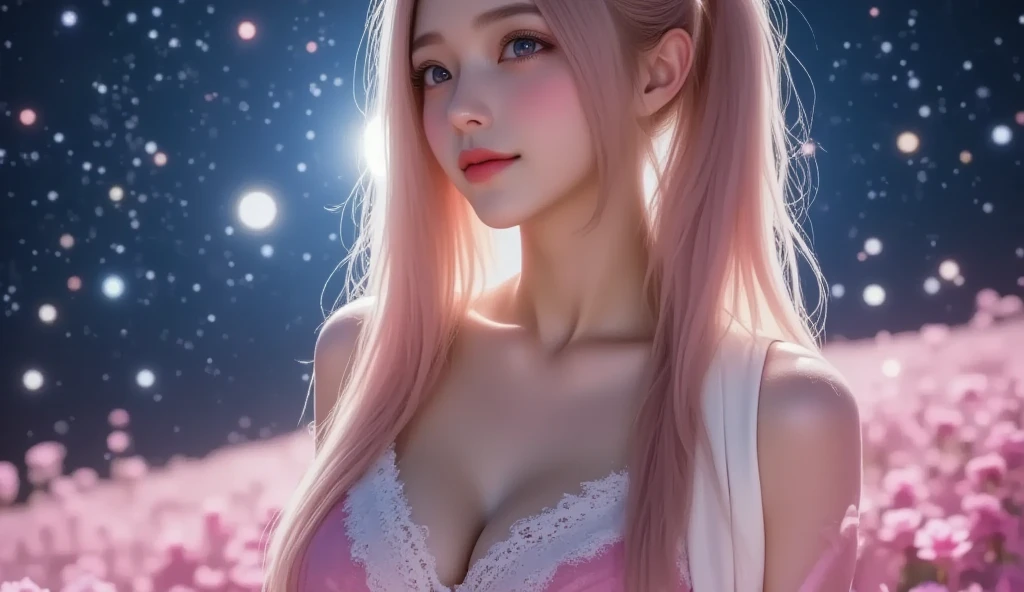 photography of beautiful woman naked, beautiful breasts in white overcoat, colorful light and shadow, blurred motion, colorful, double exposure, colorful background, dreamy, fantasy, soft lighting, vibrant colors, medium long shot, portrait, surreal photography, glitter dust, cherry blossom flower bokeh light