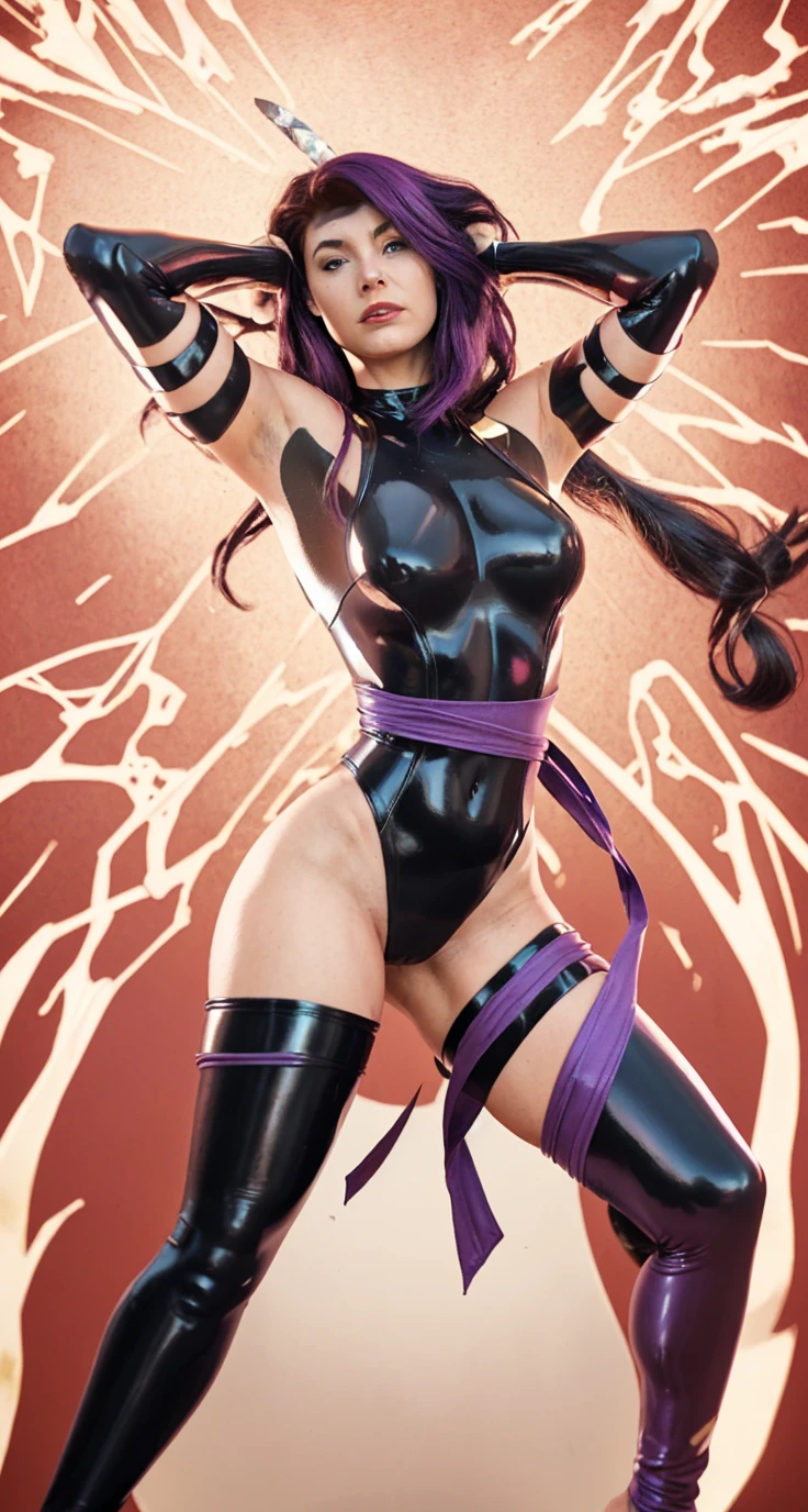 Best Quality, SLR, One Woman, Black Hair with Purple Inner Color Hair, Full Body, Clear Skin, Big (1.5), Combat Uniform, Watching Viewer, Body Arma (Black), Figure, Heavy Body Arma