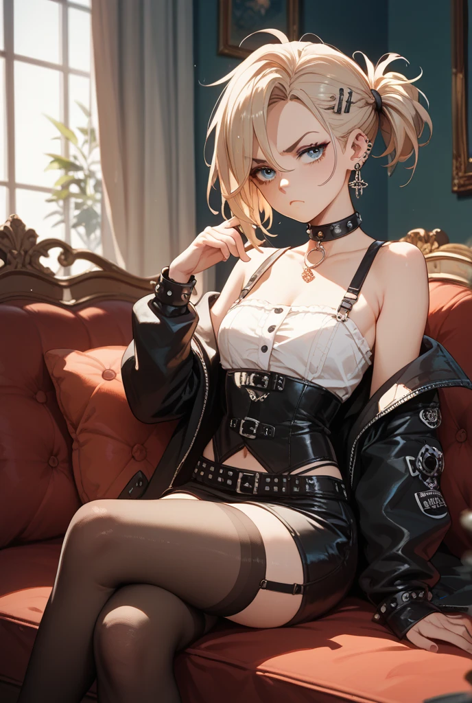 masutepiece, best qualtiy, Extremely detailed, Goth Russian girl at the party, Black crop top, spiked collar, Black lips, Colored ingrown hairs, Black leather jacket, Black leather shorts, Black leather boots, Piercing, Navel, sofa, Sitting, ((Spread legs)),nightclubs, ((Looking at Viewer)), Full body shot, Small breasts,(((underboob)),