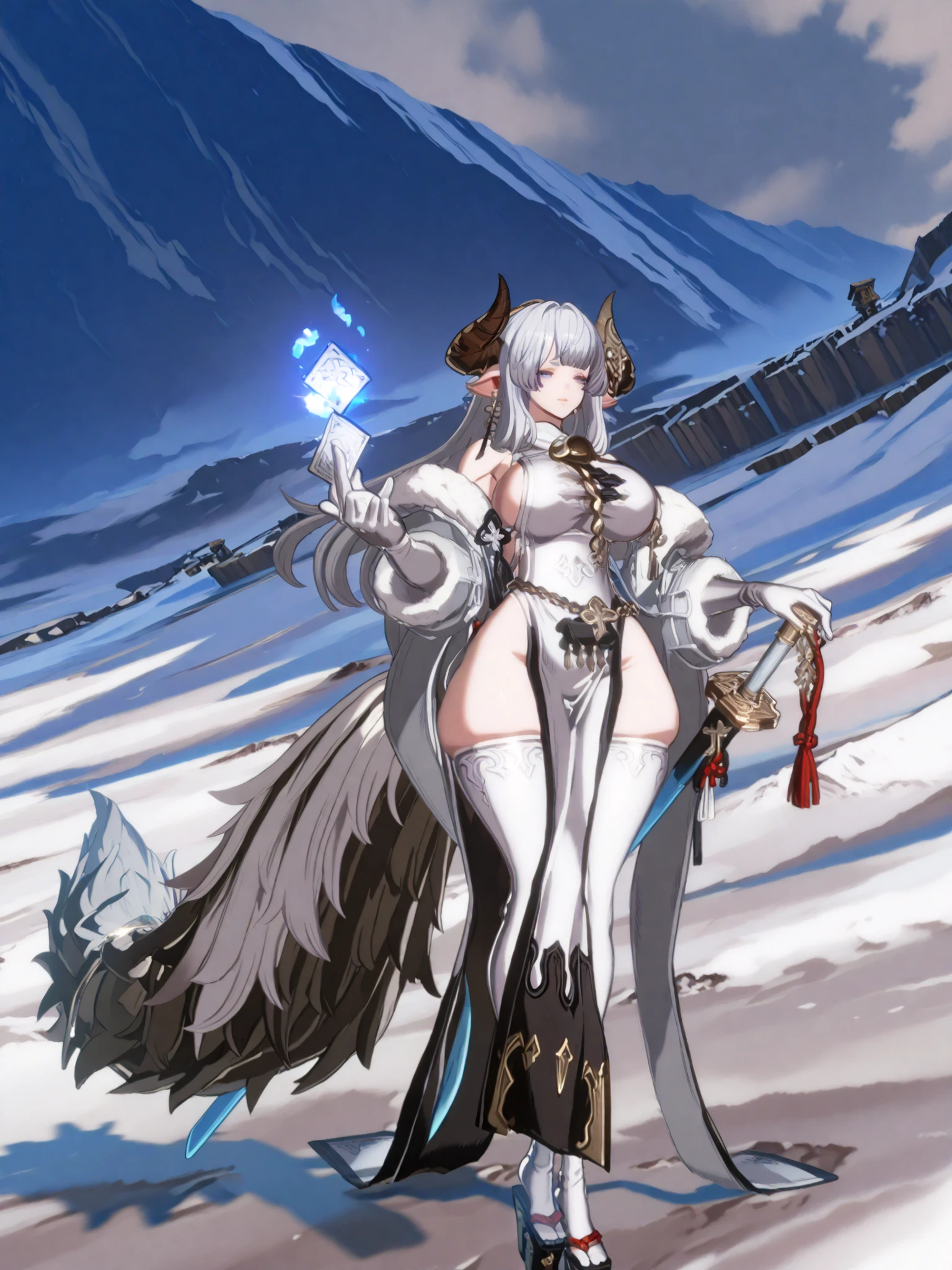 woman, cow anthromorph, ram beast, white coat of cotton, blue talisman on her ram horns, wide hips, snowy mountain, large breasts, fullbody, slean model body, long legs, long cape, cute pelvic curtain dress, cute chain belt on her waist, holographic hair, cute big wolf tail, holding a huge katana