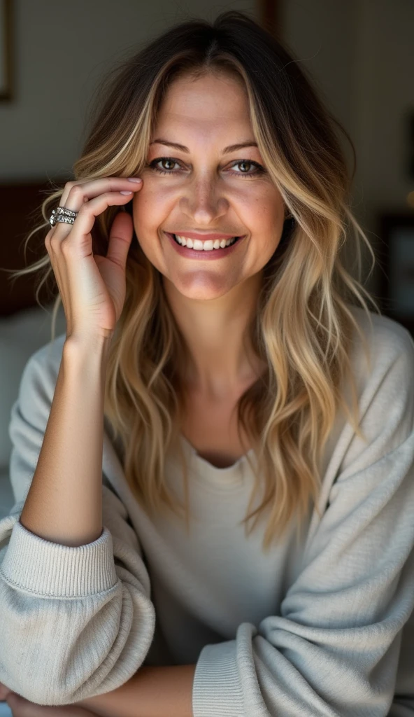 Laughing hysterically, sitting up straight, very happy, grandmother, Beautiful woman blond wavy hair wearing plain Sand Gildan 18000 Sweatshirt and washed jeans sitting in her room white Color - Heavy Blend Sweatshirt - Model Mockup - white background high - quality images 85mm Nikon D850 DSLR 8k