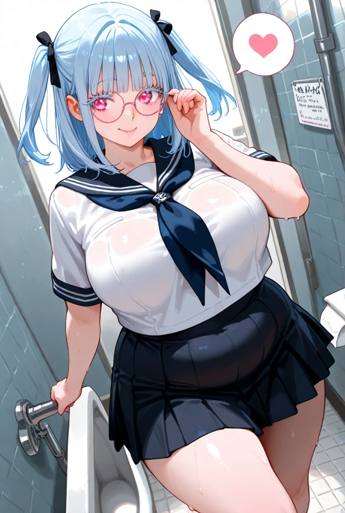 Splatoon Girl、3D、real anime、Angle from below、(smile with wide open mouth)、tongue、tongueを突き出す、長いtongue、(((big breasts)))、cleavage、wet chest、thin waist、blush、cheek、lipstick、Blue colored ponytail tentacle hair、skirtliftfront、high school girls uniform、white sailor suit、show panties、school classroom