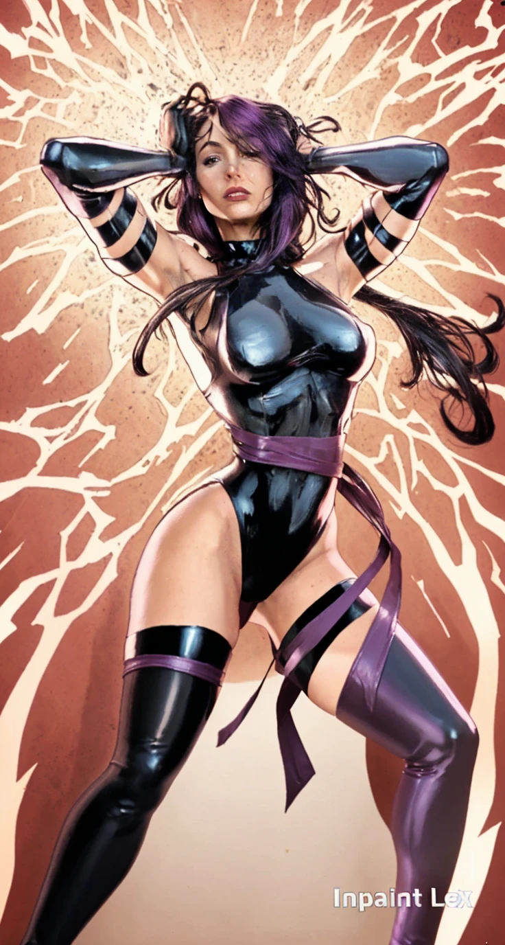 Psylocke, with her big breasts and beautiful legs, is standing blushing in a high-cut leotard.。
