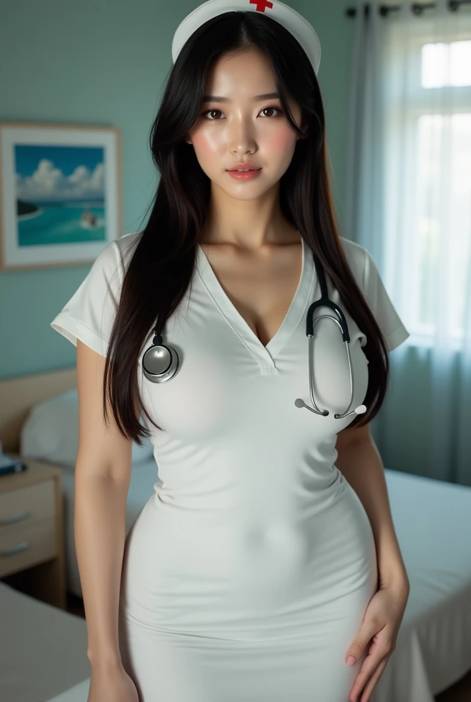 highest quality, masterpiece, high detail, 16K quality, beautiful , Light brown beautiful eyes, Voluptuous Big Breasts, squatting she is looking at the camera, Enchanted expression, ((nurse:1.3)), very cute, white panties, stockings, In the examination room of the hospital, big breasts, (RAW photo、highest quality、masterpiece:1.2)、(realistic、Photoreal:1.37)、super detailed、超A high resolution、1 girl、see the beholder、beautiful and detailed face、laughter、narrow、(slim waist) :1.3)、Beautiful and smooth skin、skin texture、floating hair、professional lighting、human body as a whole、black hair, long hair、Japanese height 、E cup、Smile、24-years-old、Nurse cap、baby face、young smile、No makeup、thick lips, moisturizing lips、light pink lips、