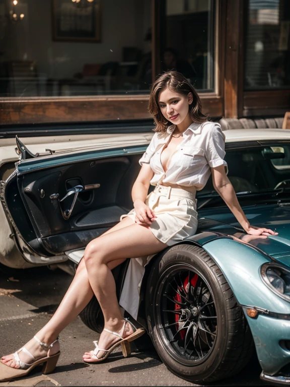 20 years old girl sitting beside a porsche 1974, cyber punkstyle, furtureistic, pin up style,sexy, surprised, up skirt, flowing skirt, colorful , masterpieces, illustrated, shining skin, detailed face, medium breast. Detailed legs.