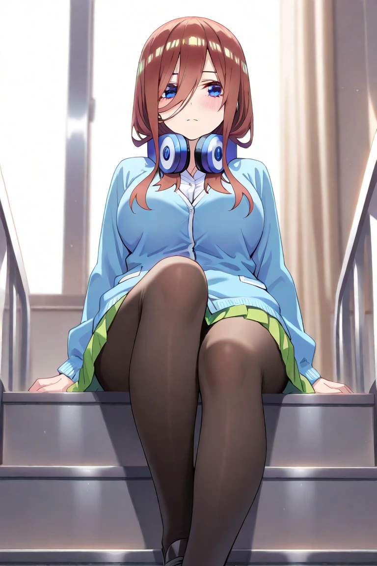 alone, 1 girl, looking at the viewer, 2D, anime, anime coloring, high quality, alone, contrasting, Miku Nakano, Headphones around the neck, looking at the viewer,((table top, 最high quality, High resolution, nffsw, perfect pixel, 4k, nffsw, nffsw))), 1 girl, alone, beautiful woman、I could see the whole body,((detailed face, blush:1.2)), ((smooth texture:0.75, realistic texture:0.65, realistic:1.1, animeCGスタイル)), medium breasts, dynamic angle, perfect body, ((school uniform, white shirt, black skirt, unbuttoned shirt、plaid skirt、not wearing shoes、white socks)), classroom without people、sit at desk、lower'I took my foot off the desk..............................、evening、、、Very embarrassing panic smile、(lift the skirt with your right hand、open your legs、open your knees wide、light blue floral lace panties)、、(cute floral bra)、angle from below