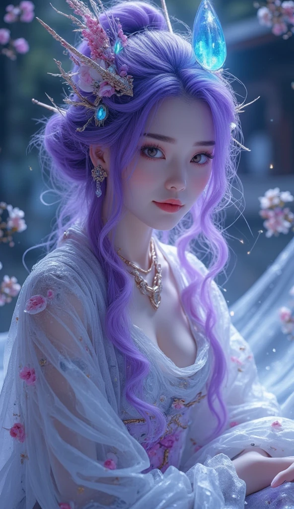 (masterpiece,top quality,best quality,official art,Beauty and Aesthetics:1.2),(1 girl:1.3),wavy long hair,light purple hair,The content is very detailed,sportswear,looking at the audience,solo,(Full body female love:0.6),Detailed background,Close-up cleavage,glowing eyes,(Cold arctic winter theme:1.1),a fortune teller,quack,giggle,mystery,sit at the table,Colorful Off Shoulder Loose Gypsy Fortune Teller Clothes,holy grail, tarot cards, crystal ball, middle Ages (interior of tent:1.1) background with, tent curtains in background, 黑暗而mystery的灯光, shadow, magical atmosphere, starry night,, Dutch Cape,black stockings