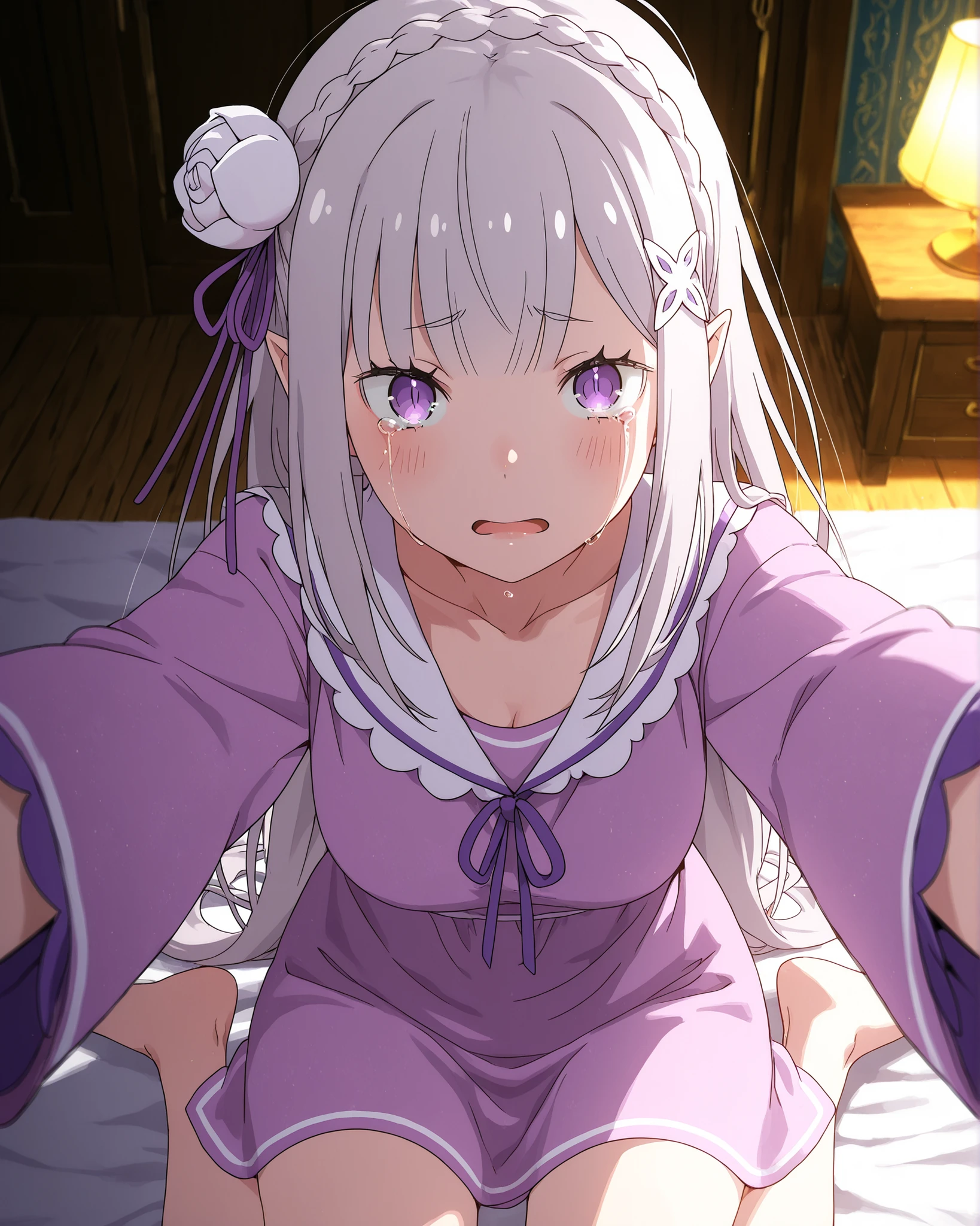 re:Zero, emilia , 1girl, chinese _KAFU, Propeller haired, sevimli , innocent, long hair, hair ornament, atlet , pijama, pantolon, uykulu , eyes half closed, reaching out to the audience, tears, oturan, wariza (clothed, ultra kawaii ), HDR , low contrast ,
masterpiece, best quality, absurd results, masterpiece, high resolution, perfect anatomy, Anime tarzi, anime screenshot, 8k wallpaper, Ultra high quality, (overly detailed CG), perfect lighting, ( sharp image ), dynamic angle