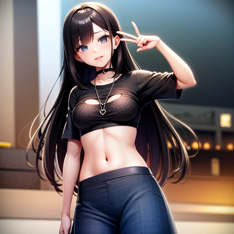 anime girl with black hair and red eyes, black tank top, black jacket, black booty shorts, belly showing, solid black hat, fox ears and tail