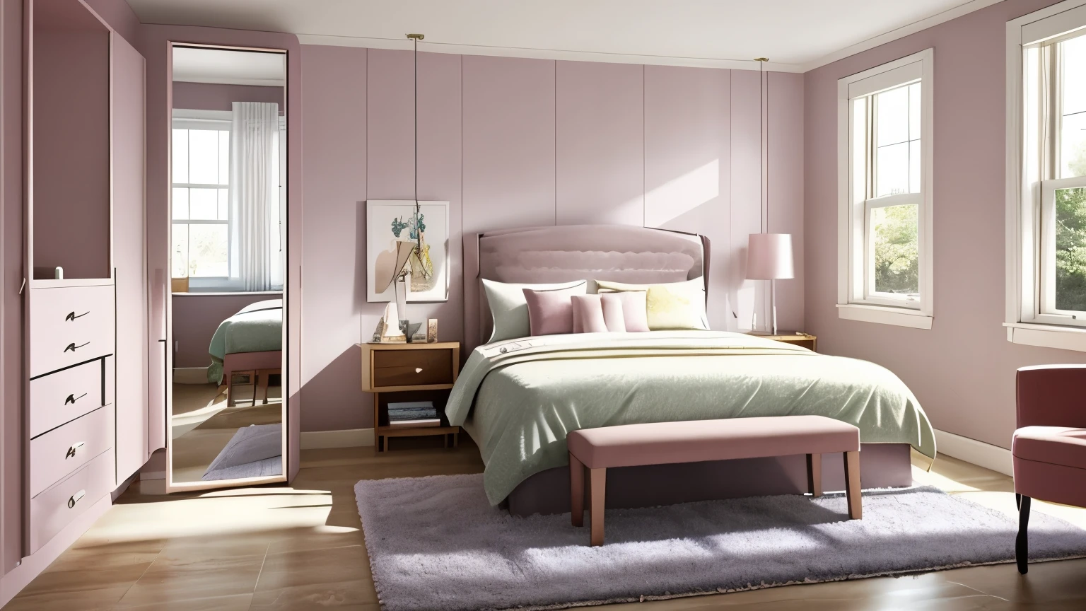 A perfectly arranged, pastel-colored bedroom. Every object is neatly placed—too perfectly. But the mirror on the wall is cracked, and shadows unnaturally in the corners. The sunlight feels artificial, 