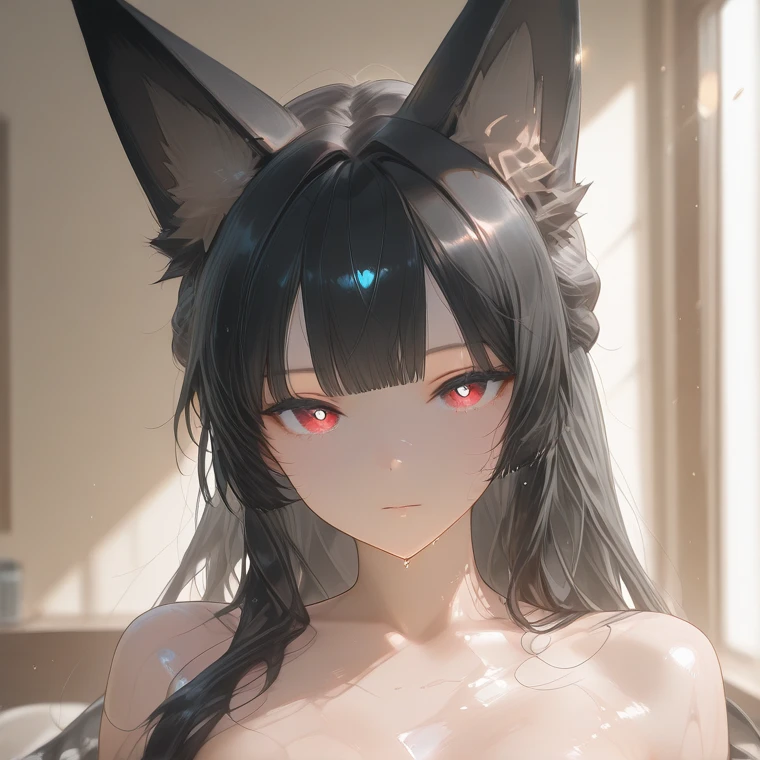 (embarrased face: 0.5), elbow, hair down, young girl, 2 arms, cum on her body, cum on her chest, cum on her mouth, cum dripping from her mouth, best quality, highly detailed, (absurdly long hair: 1.5), large volume of black hair, long straight hair, straight black hair, black hair longer than height, beautiful black hair, (hair between eyes: 0.5), (nekomimi, catgirl, kemonimimi: 1), (nude, naked, no clothes), human skin, blue eyes, nipples, nude, 1girl, black hair