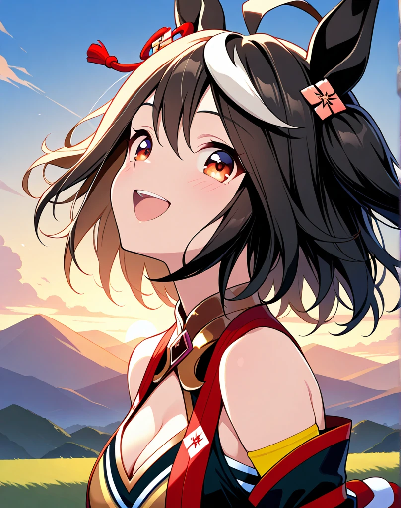masutepiece, Best Quality,Illustration, Wallpaper, ultra -detail, Absurd beauty, 1beautiful girl、Bright hair color、Glitter and big eyes、Hair fluttering in the wind、ample breasts、♡、Smaller head、Autumn landscape、miscievous smile