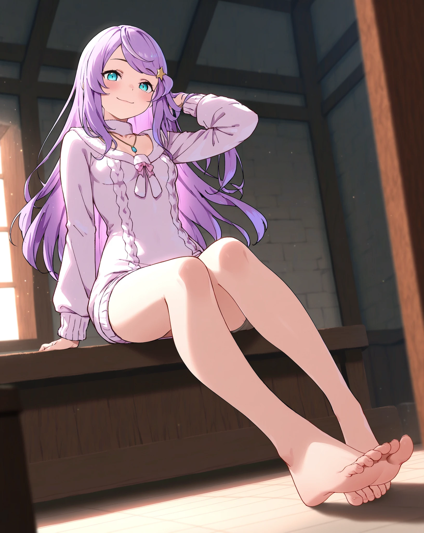 masterpiece, excellent quality, best quality, is absolutely glamorous, absurd results, high resolution, en yeni, inside, 1girl, (Full length view from head to toe), Anastasia Hoshin sitting in a seductive pose while showing her sexy feet in the foreground, Embarrassed smile , virgin destructor sweater, small breasts, solo, standing, Hand in my hair, (overly detailed CG), perfect lighting, ( sharp image ), dynamic angle