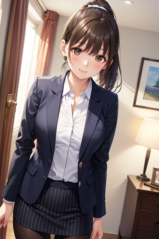 (masterpiece,Highest quality:1.3,best quality illustration,realistic),cowboy shot,1woman,20 year old Japanese beauty,((very small head:1.3)),brown short bob hair,bangs,brown eyes,gorgeous eyes,shy,smile,small breasts,((very long body:1.3)),((toned body,slender body,skinny,tan skin)),(navy uniform、Dark blue blazer jacket、White Shirt、Navy blue tie、Navy blue tight skirt),gleaming skin,shiny skin,sweat,standing,Bedroom、Naval Base、