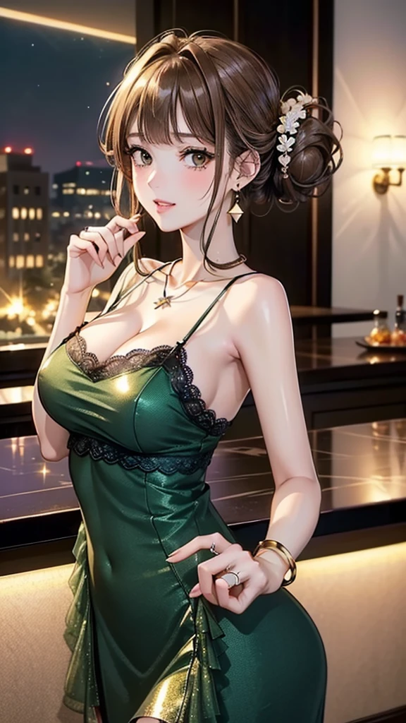 (masterpiece, best quality, ultra-HD, wallpaper, cinematic, photorealistic), (close-up shot), (alluring woman, sensual pose), (perfect anatomy, voluptuous body, very glossy skin, reddish skin), (medium cleavage), (perfect hands, perfect feet), ((Deep emerald green silk off-the-shoulder top paired with a black mini skirt)), ((Romantic curls with a mix of dark and light brown)), ((Gold earrings and strappy gold heels)), ((standing on an evening affair)), ((sensual pose))