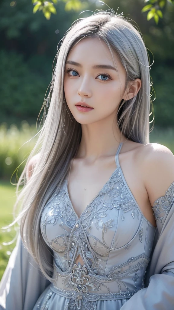 1 miniature Beautiful beautiful woman - Yuan Sayuki, ((top quality, 8K, Masterpiece:1.retty woman, 1 woman, huge breasts:1.3, a slim body:1.1, lush white long hair, (shower, wet body, wet clothes:1.1), very detailed face, detailed lips, detailed eyes, double eyelids, Detailed blue eyes, чрезвычайно Detailed Outstanding Blue Eyes, white wet hair, white wet hair, Detailed Outstanding Blue Eyes, innocent look at the viewer, very wet wavy white hair, Detailed Outstanding Blue Eyes, huge cross earrings, Outdoors, badges behind, gothic wedding uniform, sexy gothic style wedding dress with veil, bare chest, huge chest tattoo wearing a wreath, detailed huge earrings, chest tattoo, Outside - there are trees and a buddhist temple in the background, wear a silver cross (Detailed cross shape), reality mode, wet breasts, black necklace, black wedding dress and black veil, human crowd behind, head/forehead chain veil, black latex gloves, naked breasts, naked breasrs, naked nipples, hair of white snowy colour
