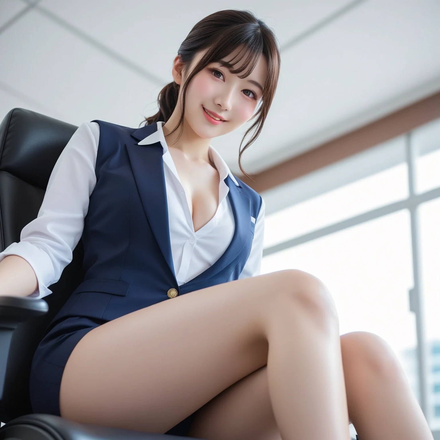 (8K high image quality), (top-quality), (RAW image quality),(masutepiece:1.2), (Realistic), (Photorealistic:1.37), largeeyes,long eyelasher,Precise action and realistic style）,The Ultimate Face,Photorealistic, Light and shadow,Clear facial features,milky skin,Fair skin, highdetailskin,Realistic skin details,Visible Pore,（Super Detail）,Hair length is random, （Flowing hair）,Best portraits,Shooting from a distance, Only one girl, Cute,Beautiful detailed eyes, beautiful detailed nose, highlydetailed skin) ,(Beautiful face with double eyelids), (Realism: 1.4),,delicate and beautiful face,,25-years old,(Beautiful Face 1.4),A slender, (Wearing an office lady suit and skirt:1.2),((In the office of the company)),,Natural smile,(,Looks fun),Medium Hair,,((Wearing an office lady suit and skirt)),Very beautiful legs,(((squatting on viewer))),((Smile at your audience)),The color of the panties is white,Very attractive smile,Sit with both knees upright,((Squatting down to show off her white panties)),(((Squats with legs slightly spread))),Gesture of putting a hand on the cheek