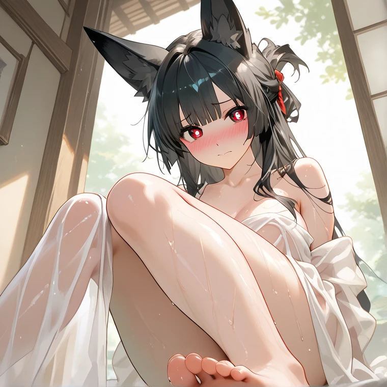 (best quality,8k,masterpiece,masterpiece:1.2),full body portrAit。(Granular shining eyes,Bright shining eyes,intricate irises,Delicate lashes,Detailed eyeliner strokes:1.2)。pajamas(elegant,shining,shawl:1.1),(Double tail,Extra long hair that is half black and half purple,Dual-color hair color, Parted in the middle,Extra long hair:1.1),(charming,Shy,gender,young,astringent:1.2)This astringent lolitA。Fox ears and short tail。Cool miniskirt,Leg ring,scarf,bow tie,Lace,Showing a small part of the shoulders,from the side,。Lolita。Clear eyes,Ultra Detailed,Watercolor style,fairy tale theme,Exquisite facial features,(DetAiled left eye closed,The delicate iris of the right eye:1.2)。(A cute Loli wearing l(Lovely Lace:1.1)Have beautiful delicate eyes and a sweet smile,(colorful)Playfully peeking under skirts,(Comfortable and well-lit ),Comfort(Soft natural light),It creates a warm and inviting atmosphere。Emphasize the astringent of loli。Add a touch of sexiness to the scene。(bedroom)具have(Girly and elegant)aesthetics,have(muted pastels)and exquisite decoration。(side view)Angle allows us to appreciate Loli'Cute and innocent expression's face,And have her cute pose in bed, fairy tale,Movie Light,Fighting Spirit Awakening Series Skin Color。(rain,Gloomy face,Gloomy sky,Street Lights,dark clouds,night,umbrella,garden,lake,阴dark,下rain:1.2)。(There is a shadow on the face,a somber look,forest,firefly,summer night,evening breeze,dark,Oil paper umbrella,black,Heavy rain,Compare dark light and shadow: 1.2)