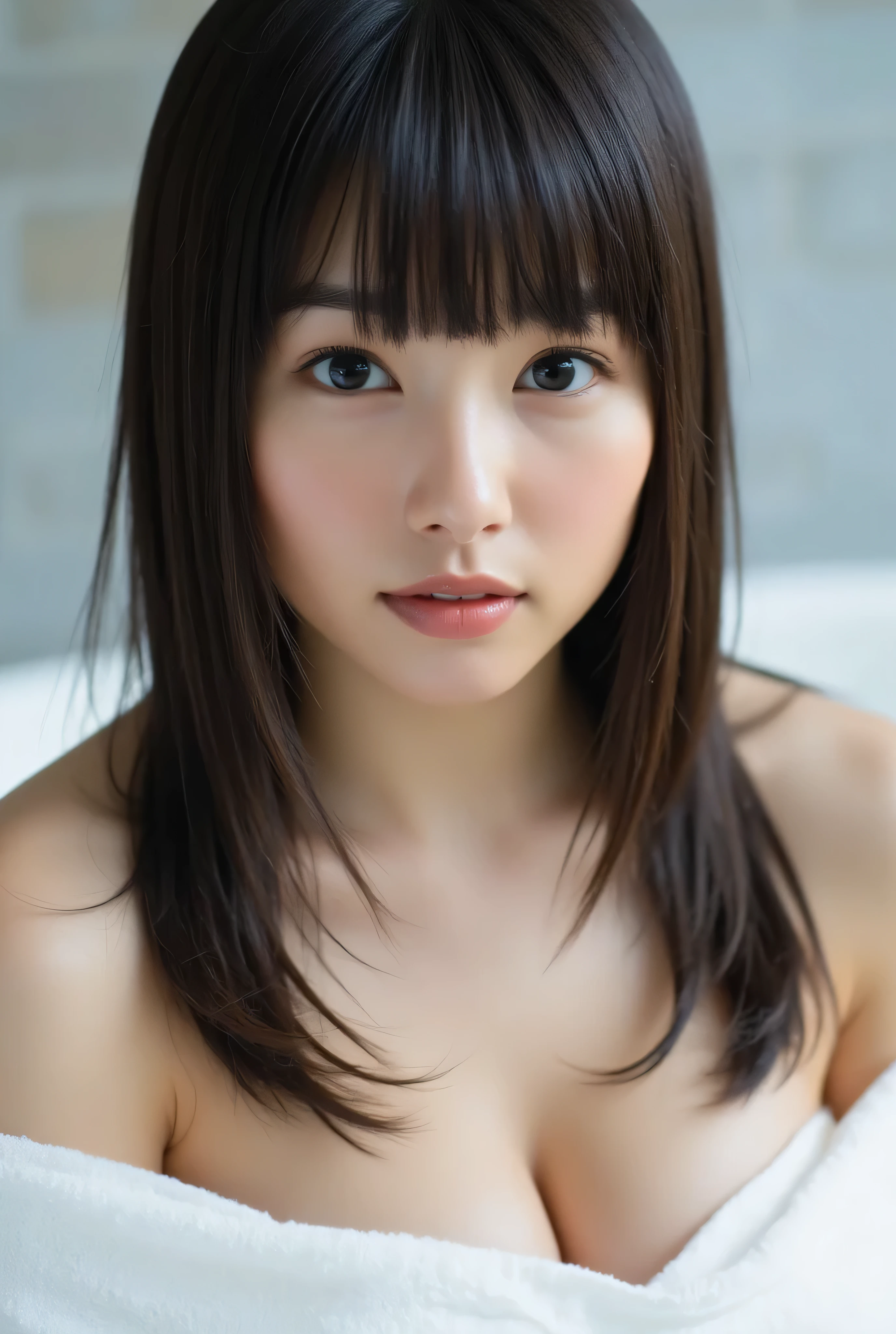 live-action、Highest Quality、Ultra High Definition、8K、full body photo、 sauna　Hot Springs、my hair is wet、(hide your chest, stomach, and buttocks with a bath towel:1.5)、(Expose only your shoulders and thighs:1.exy look、(Fingers touch lips:1.4)、black hair、straight semi-long、moisturized hair、bangs、(Big Breasts:1.5)