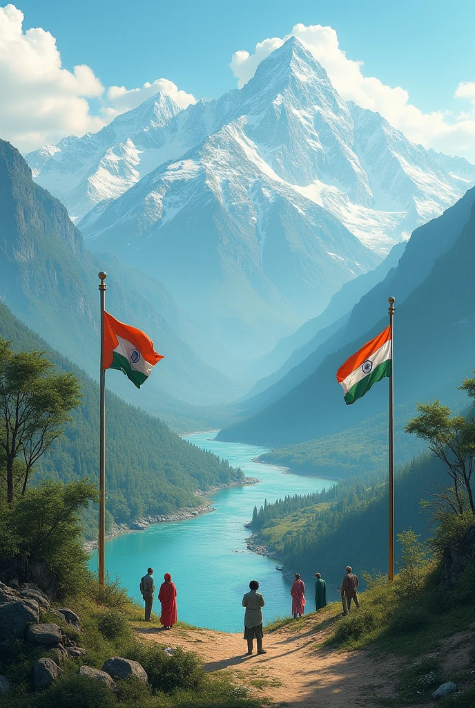 India flag in mountain with waterfall and Indian soldiers