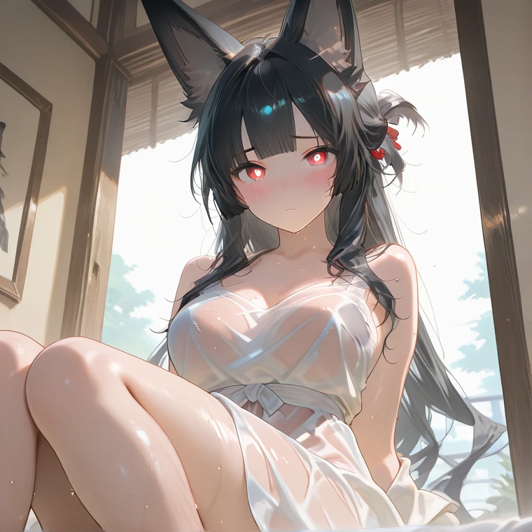 masterpiece, best quality, 1girl, solo, blush, long hair, hair between eyes, night, extremely detailed 8K, smooth, high resolution, ultra quality, cinematic lighting, ambient occlusion, hd, 2k, 4k, 8k, 16k, extremely detailed anime, detailed faces, perfect composition, wide shot, atmospheric lighting, very sexy, random angle, uncensored, sin censura, heart-shape pupils, full face blushing, cat-ears, wrap in wet towel, brown hair, in bathroom