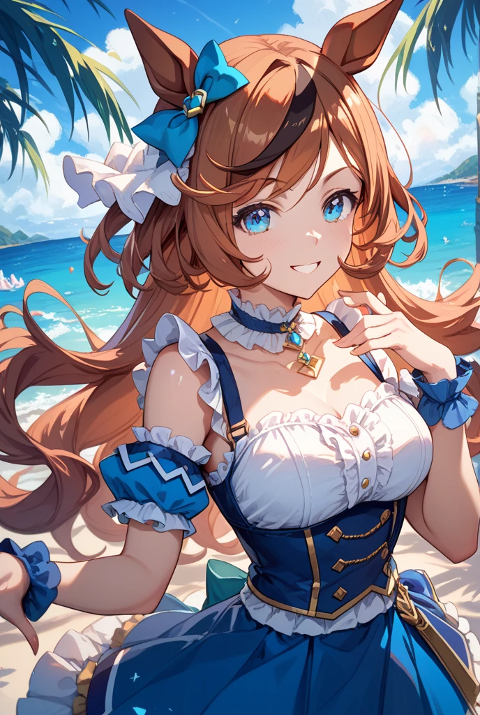 ((16k, highest quality, master piece: 1.2, super detailed, super high resolution, super detailed)), 1 girl, Glass Wonder \(umamusume\), Chestnut Hair, Part of the forelock is white, Long Hair, straight hair, Blue ribbon earrings, red line, one girl, animal ears, horse tail, Blue Eyes, fashionable, elegance, charming, seductive, stunning, charming cleavage, lovely, charming, cute, beautiful detailed face, beautiful detailed eyes, soft expression, slim Beautiful figure, curvaceous, Small breasts, slender arms, graceful hands, delicate fingers, slim wrists, elegant neck, bare shoulders, smooth skin, Seaside, sandy beach, Outdoors, blue sky,(White and Blue and red lines one-piece swimsuit, drenched, Wet skin)), A little angry.