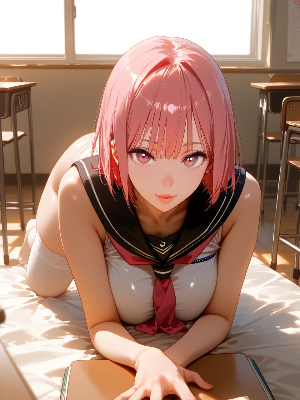 eaArt bot upscaling default is 22:25:26k wallpaper, masterpiece, highest quality, Super detailed, 30~40 years, full body shot, mature woman, beautiful mature woman, nightgown and underwear, enchanting smile, thick lips, Chubby lips, blush, looking at the viewer, provocative expression, short hairstyle, cleavage, Plump、curvy hips、attractive face、naughty face、sexy lingerie　、an inviting gaze、Expression of emotions、(((Lewd underwear)))、erotic see-through lingerie set、Standing position、gorgeous accessories、raise your butt, from below, (NSFW: 1.4)、exposed chest、(((gasping face)))、Openwork decoration，(((see through dress)))、(((R-18)))、Hakari_Whirlpool, pink hair, medium hair, hair ornaments, hair flower, green eyes, school uniform, black skirt, mini skirt, pleated skirt, black jacket, white shirt,collared shirt, long sleeve, neck ribbon,ribbon, thighs, big breasts, Are standing, cowboy shot, looking at the viewer, outdoor, blush, 1 girl, (masterpiece:1.3), (High resolution), (8K), (very detailed), (4K), (pixiv), perfect face, Nice eyes and face, (highest quality), (Super detailed), detailed face and eyes, (alone), rough skin, confused, High resolution、beautiful eyes