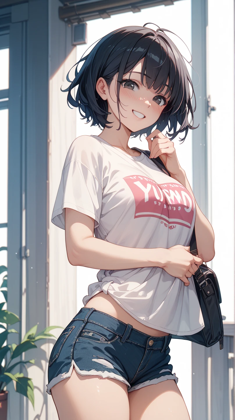 (8K、Highest image quality、highest quality、masterpiece)、detailed face、1 girl、brown hair、medium hair、diagonal bangs、brown eyes、blush、be ashamed、Moderate chest、((white t-shirt))、((short length))、underboob、Chubby、((open denim short shorts))、cowboy shot、hide your hands behind your back、seaside background