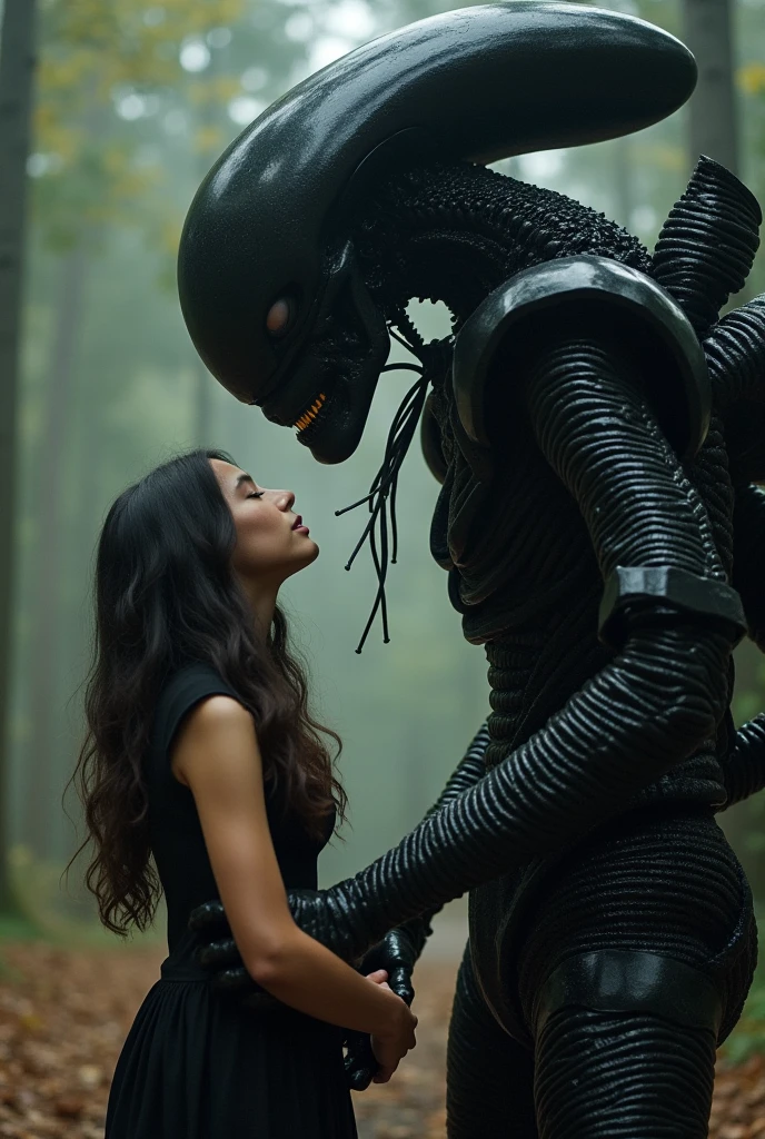 An alien with shiny black skin, elongated head and sharp teeth chasing a soldier in a forest