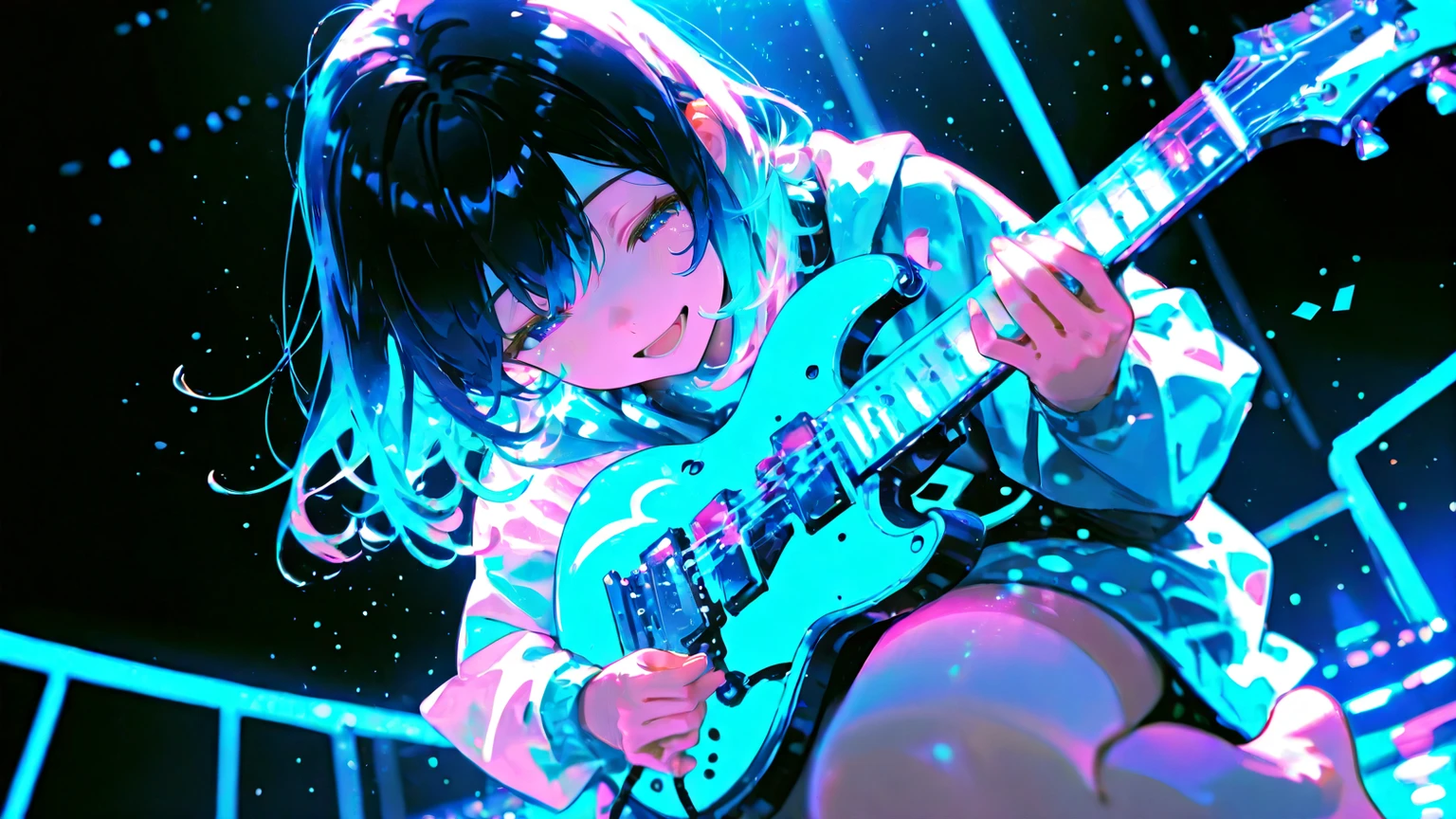 1girl, smile, like a star eyes, vivit colors, simple background, black hair, multicolored hair, open mouth, vibrant color, mechanical guitar, cinematic lighting, cinematic angle, soft light, color detail, backlighting, Depth of field, long exposure, light steps, intricate colors, vibrant colors, 748cmstyle,barefoot