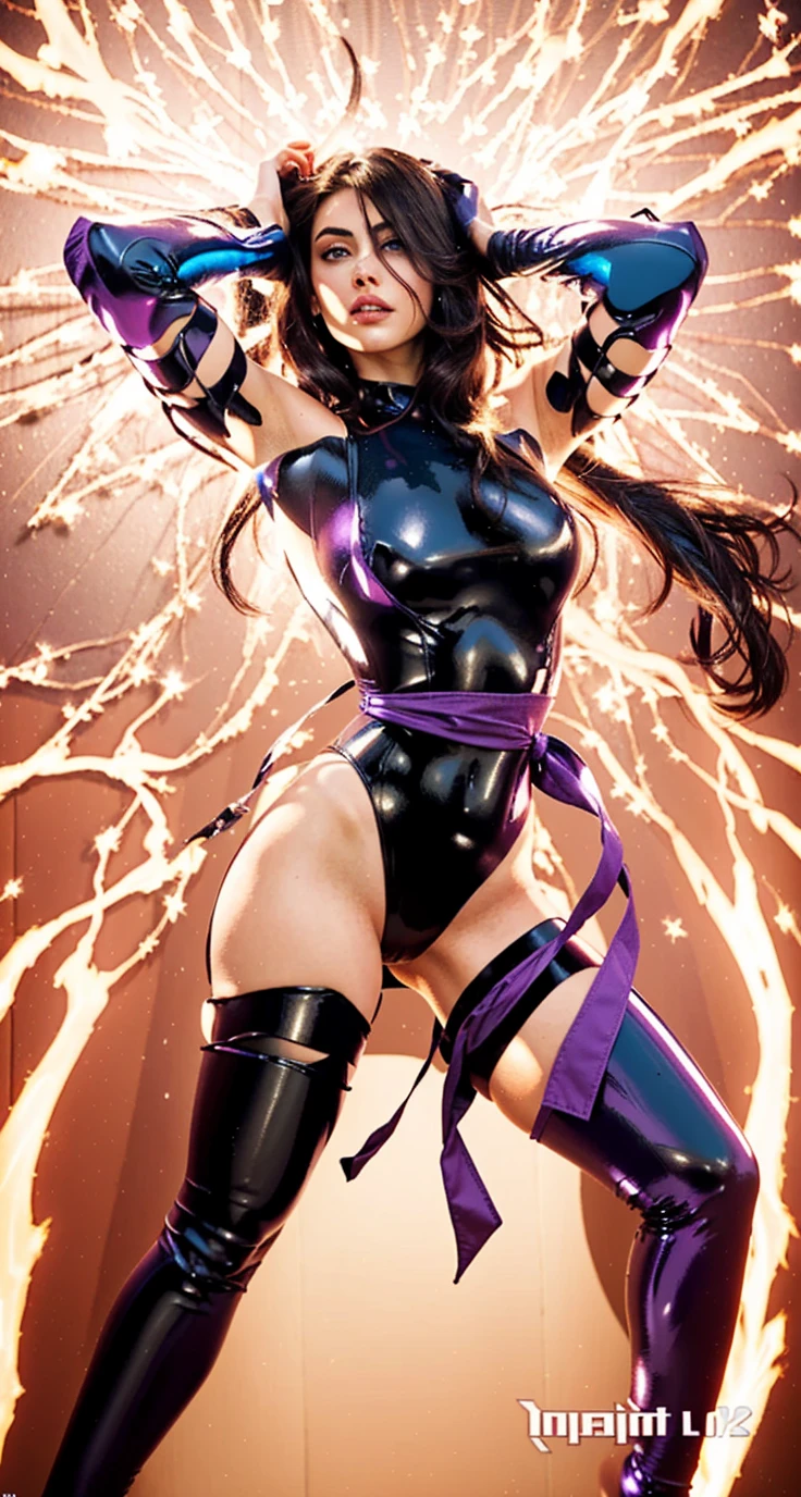 Art image of Olivia Munn as Psylocke, busty, beautiful, dark blue costume with red sash at her waist black hair, large breasts, by Louis Royo, Boris Vallejo, J. Scott Campbell, extreme focus, sharp details, sexy, oily skin, show feet, full body