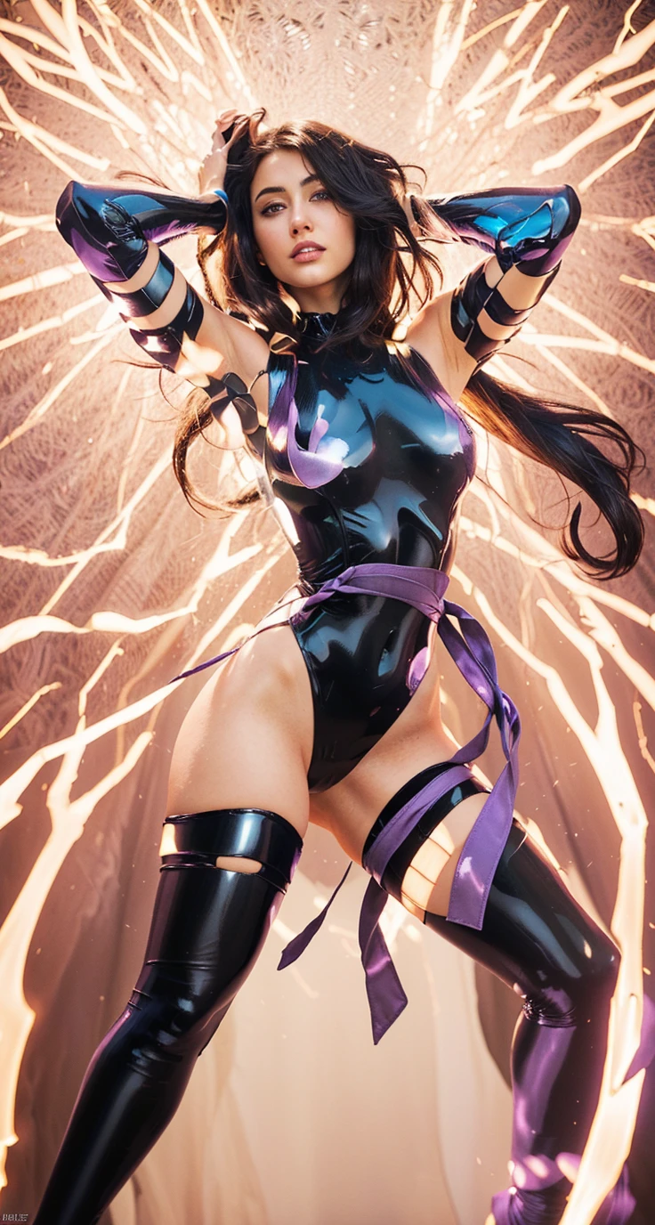 Art image of Lucy Liu as Psylocke, busty, beautiful, dark blue costume with red sash at her waist black hair, large breasts, by Louis Royo, Boris Vallejo, J. Scott Campbell, extreme focus, sharp details, sexy, oily skin, show feet, full body