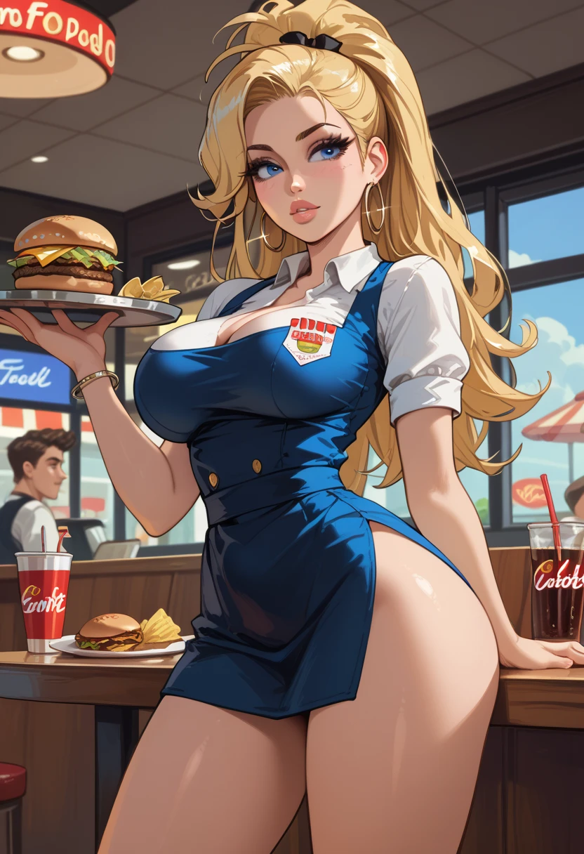 A chubby elf, Chanel-style short blonde hair, blue eyes, pointy ears, thin lips, round face, huge breasts covered by a cotton t-shirt, wearing tight denim shorts, Blue denim shorts, the female Elf is eating hamburgers and fries, standing with her belly showing 