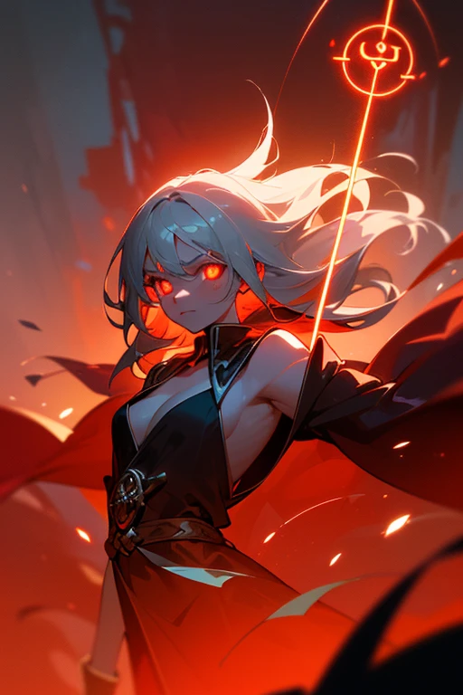 2 people (1 Female,light skin,pierce pointed eyers,red long hair,orange eyes,curvy,broken armour,dark expression ,hell fire magic) (1 male,light skin,pierced pointed ears,white long hair,red eyes,5'4,broken armour,dark expression,dark magic) on a battle field fighting together