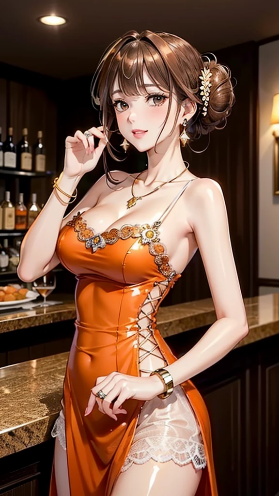 best quality, ultra-detailed, illustration,
cabaret, scenery, bar (place), indoors, chair, table, light,
(((Big Breasts、Golden lighting、Shiny silk dress、Red Velvet Long Sofa))), character:Tchibana kyoka,
((Seducing with a sweet, ecstatic face))),poy
1girl, solo, , jewelry, necklace, smile, black hair, looking at viewer, dress, sleeveless dress, bracelet, sitting, drinking glass, alcohol,